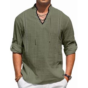 EDITCOZY Men's Cotton Linen Shirt Cuban Guayabera Drawstring Tops Medieval Viking Pirate Renaissance Costume