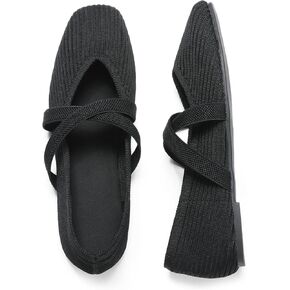 CELNEPHO Flats for Women Square Toe Ballet Flats Cross Strap Comfortable Arch Support Dressy Knit Flats for Women Mary Jane Flats Slip On Washable Casual Office Shoes