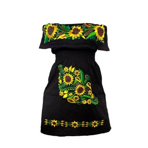 Off Shoulder Dress Embroidered Campesina Mexican Authentic Dress Fiesta Dress with colorful floral embroidery Scrunched Waist Authentic Embroidered dress Women's Knee Length (XL, Black and Sunflower)