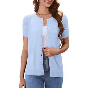 Women's 2025 Short Sleeve Cardigan Button Up Hollowed Out Crewneck Shrug Sweaters Knit Sweater Tops Lightweight