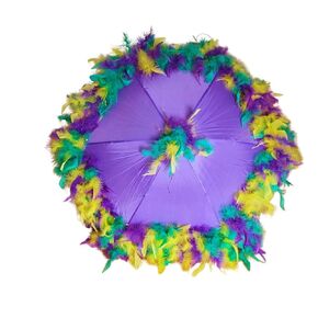 New Orleans Mardi Gras Second Line Parasol Sized Umbrella- Purple, Green, Yellow Gold Feathers with Purple Umbrella and Gold Tinsel Accents