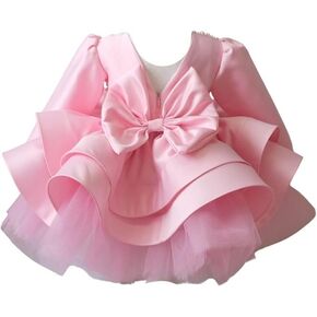 Baby Girl Bowknot Long Sleeve Tutu Dress - Infant Toddler Mini Lace & Feather Flower Girl Party Outfit - Perfect for Christmas & Special Occasions (US, Age, 1 Year, Pink Satin)