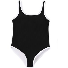Haloumoning Girls One Piece Swimsuits Kids Cute Adjustable Strap Ribbed Bathing Suit Swimwear 5-14 Years
