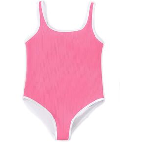 Haloumoning Girls One Piece Swimsuits Kids Cute Adjustable Strap Ribbed Bathing Suit Swimwear 5-14 Years