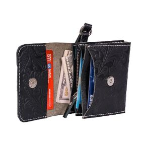 Wristlet Wallets For Women Handmade Real Tooled Leather Minimalist Card Holder Zipper Floral Design, Black Easy To Carry Gift For her (Black)
