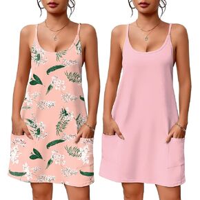 Ekouaer 2 Pack Sleeveless Nightgowns for Women with Pockets Spaghetti Strap Dress Racerback Chemise Sexy Night Gowns S-2XL