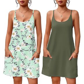 Ekouaer 2 Pack Sleeveless Nightgowns for Women with Pockets Spaghetti Strap Dress Racerback Chemise Sexy Night Gowns S-2XL
