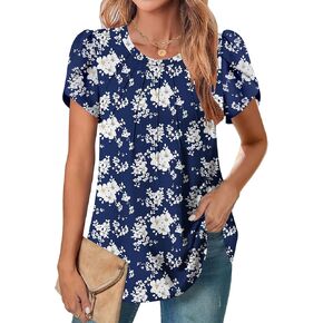 Zeagoo Womens Tops Petal Short Sleeve Summer Casual Dressy Shirts Floral Solid Blouse Pleated Tunics S-XXL
