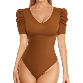 MANGOPOP Women's Bodysuit Deep V Neck Puff Short Sleeve Slim Fit Body Suits Casual Blouse Tops Elegant