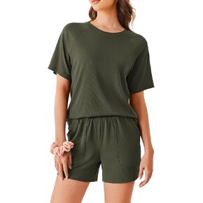 Ekouaer Women Pajama Sets Ribbed Knit 2 Piece Lounge Set Short Sleeve Pjs Summer Loungewear Sleepwear with Pockets
