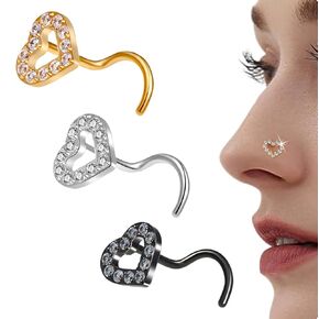 3PCS Heart Nose Studs for Women Gold/Silver/Black 20G Nose Rings Studs Set Hypoallergenic Stainless Steel Nose Piercings Studs Jewelry