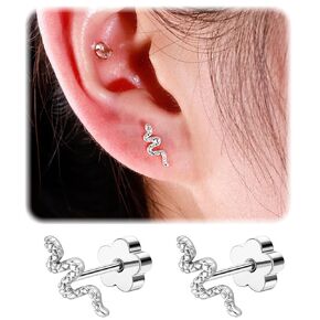 Flat Back Stud Earrings for Girls Women 14K Gold Plated Cartilage Stud Earrings 20G Hypoallergenic Surgical Steel Silver Snake Screw Back Nap Earrings Studs