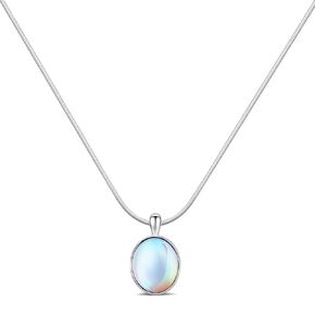 Silver Moonstone Necklace Rainbow Oval Pendant Necklace Birthstone Necklace for Women Beautiful Moonstone Jewelry for Gift