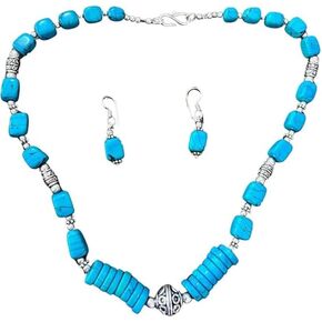 Boho Handmade Turquoise Beaded Necklace and Earrings Set for women Unique style jewellery with oxidized style Accents Antique design accessories valentine Day gift