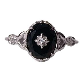 Art-Deco Vintage Black Onyx 925 Sterling Silver Ring for Women Unique Antique Handmade Engagement Promise Oval Black Onyx Diamond in Center (Silver, 10)