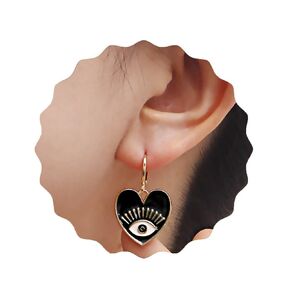 Evil Eye Drop Earrings for Women Vintage Geometric Heart Shaped Earrings Gold Heart Shape Pendant Earrings Jewelry for Graduation Day Gifts (Black)