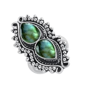 Labradorite Statement Ring Size 8 For Women- Sterling Silver Plated September Birth Handmade Dual Stone Ring - Christmas Gift For Her