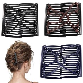 3 Pieces Elastic Magic Hair Comb Stretchy Double Comb Hair Forks Clips for Women Beaded Hairpins Girls Vintage Hairstyle Multipurpose Hair Accessories (Brown Black Navy)
