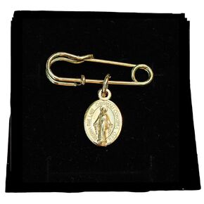 TINY Gold Tone Miraculous Medal, Our Lady of Grace Medal Safety Pin Brooch, Garment Pin, Baptism, Confirmation, First Holy Communion Pin