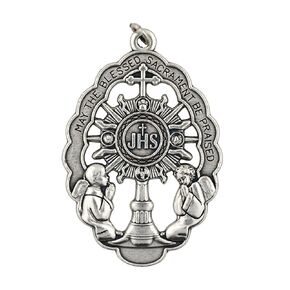 May the Blessed Sacrament Be Praised Silver-tone Monstrance Pendant | Delightful design | Handcrafted by Italian Craftsman | Holy Eucharist Monstance Medal