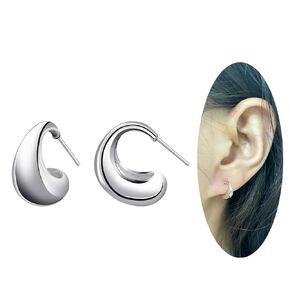 S925 Sterling Silver Chunky Earrings Tiny Bean Hoops Earrings Small Silver Geometric Stud Earrings for Women