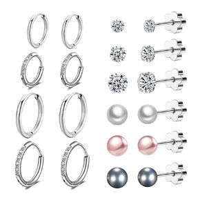 10 Pairs Small Silver Hoop Earrings for Women Hypoallergenic Surgical Stainless Steel Earrings Sets for Multiple Piercing Flat Back Stud Earrings for Cartilage Helix with Pearl & Cubic Zirconia