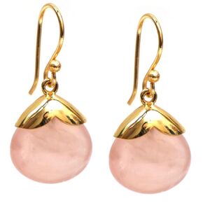 Gempires Rose Quartz Pear Cabochon with Gold Cap Dangle Hook Earrings for Women, 15mm Teardrop Earrings, 14K Gold Plated, Hypoallergenic Birthstone Jewelry (Rose Quartz)
