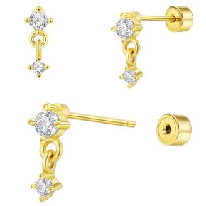 Cartilage Earrings for Women, Push-in Threadless Falt Back Earrings 14K Gold Plated Stud Earrings Dainty Small CZ Pearl Opal Hypoallergenic Surgical Steel Earrings for Helix Piercing (Dangle CZ, Gold)