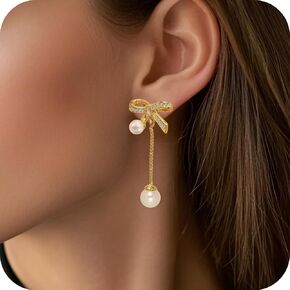 Pearl Bow Earrings for Women Crystal Bow Earrings,14k Gold Pearl Drop Dangle Earrings,Pearl Bow Stud Earrings Christmas Earrings Bow Earrings for Christmas Party Holiday Jewelry Gifts for Women