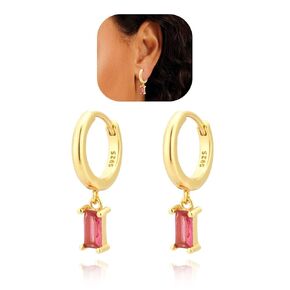 Baguette Drop Huggie Hoop Earrings, Natural Crystal Dangle Drop Earrings, 14K Gold Plated Hypoallergenic Small Hoop Drop Earrings for Women Girls Gifts (Pink)