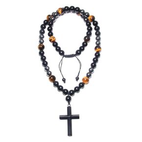 Healing Crystal Beads Necklace for Men - GENASTO Triple Protection Necklace Black Obsidian Tiger Eye and Hematite Beads Necklace Cross Necklace Men Necklace Christmas Gifts for Prayer and Meditation