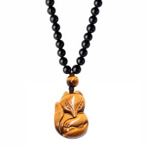 Tigers Eye Crystal Fox Necklace - Natural Stone Black Obsidian Beaded Lucky Amulet Pendant Necklace, Hand Carved Fox Jewelry Birthday Anniversary Good Luck Gifts for Men Women