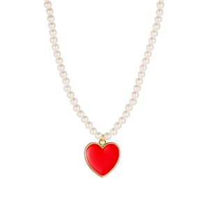 WCRAZYE Red Heart Pearl Necklace for Women Girls Dainty Handmade Love Heart White Pearl Beaded Necklace Chain Pearl Jewelry Trendy Bridal Wedding Valentines Day Gifts (Red Heart)