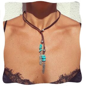 Turquoise Y Necklace, Vintage Lariat Necklace for Women, Boho Turquoise Choker Necklace Feather Pendant with Leather Cord, Handmade Unisex Western Style Jewelry