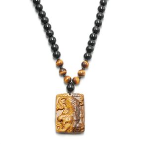 Protection Crystal Tigers Eye Necklace for Men - Real Tiger Eye Crystal Black Obsidian Beaded Men's Necklace, Onesmek Hand Carve Healing Stone Lucky Amulet Pendant Necklace Valentines Gifts for Him
