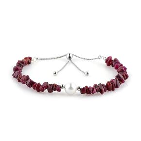 CRYSTALIS Natural Ruby Beads Slider Bolo Bracelet with Elegant Pearl, Uncut Chips Nuggets Crystals, Chakra Healing Gemstone, Women Jewelry, 925 Sterling Silver Slider 10 inch