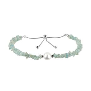 CRYSTALIS Natural London-Blue-Topaz Beads Slider Bolo Bracelet with Elegant Pearl, Uncut Chips Nuggets Crystals, Chakra Healing Gemstone, Women Jewelry, 925 Sterling Silver Slider 10 inch