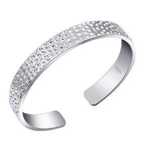 Handmade Hammered Cuff Bracelets 925 Sterling Silver Adjustable Open Bangle Bracelet Wide Irregular Hammer Striking Style Pattern Bangles for Women Men