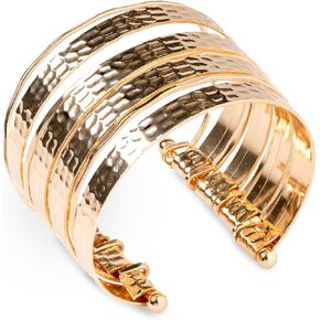 Adjustable Open and Wide Modern Cuff Multiple Bangle Look Bracelet, 18K Yellow Gold Plated, Brushed Finish, Hammered Design, Multiple Bangles