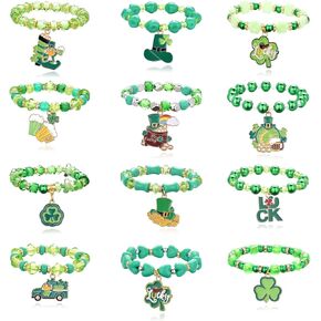 Spiritlele 12 Pieces St. Patrick's Day Green Lucky Leaf Charm Bracelets Costume Beaded Strand Stretch Bracelet Wristband Set