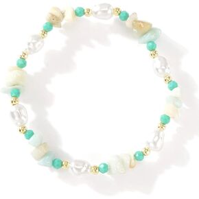 Dainty Natural Crystals Beaded Pearl Stretch Bracelet for Women,Handmade Boho Healing Gemstone Gold Plated Beads Trendy Hawaii Jewelry Mom Gift Friendship