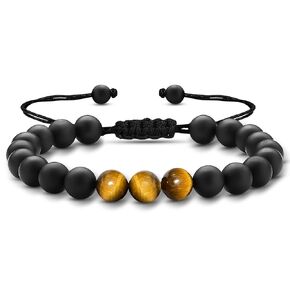 Bracelets for Men, Tiger Eye Bracelet for Men, Men's Adjustable Beaded Bracelets for Anniversary, 8mm Natural Tiger Eye Bracelet, Black Matte Agate Tiger Eye Bracelet for Men.