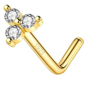 925 Sterling Silver Gold L Shaped Nose Rings Stud for Women - 14k Gold Plated 20g Heart/Star/Flower/Butterfly/Ball/Pearl Nose Stud, Hypoallergenic Gold Nose Piercings Jewelry (Gold Tri-CZ Flower)