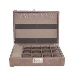 Dama Stile Jewellery Box Organizer for women SKH66, 12 watch slots, 24 ring parts, 22 metal hook for rosary, necklace or bracelet,(Beige)