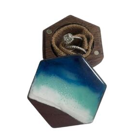 Beach Jewelry Box, Valentines Day Proposal Ring Box, Walnut Ocean Resin Art Hexagon Wood Ring Box