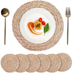 Round Woven Placemats Set of 6 Handmade 12 Inch Rattan Placemats Rustic Braided Placemats Non Slip Heat Resistant Boho Table Placemats for Dining Table, Coffee Table, Wedding, Kitchen, Farmhouse