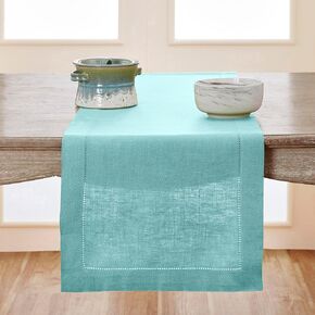 Solino Home Linen Natural Table Runner 48 Inch - 100% Pure Linen Classic Hemstitch Short Table Runner 14 x 48 Inch Ideal for Dresser and Coffee Tables - Spring, Easter