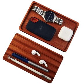 Set 2 Wooden Trays : Wooden Pen Tray For Desk - Valet Tray, Wooden Desk Organizer, Fountain Pen Tray, Pen Holder for Desk, EDC Tray for Phone Jewelry Cologne Key.