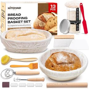 13-piece Sourdough Starter Kit - 24oz Glass Sourdough Starter Jar with Thermometer, 9" Round & 10" Oval Banneton Bread Proofing Baskets, Sourdough Bread Baking Supplies with 20-recipes E-Book