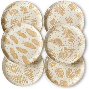 Mora Ceramic Boho Leaves Plates Set of 6-7.8in - Dessert, Salad, Appetizer, Party Serving Plate. Microwave, Oven, and Dishwasher Safe, Scratch Resistant Porcelain Dish, Leaf Pattern, Creamy Beige
